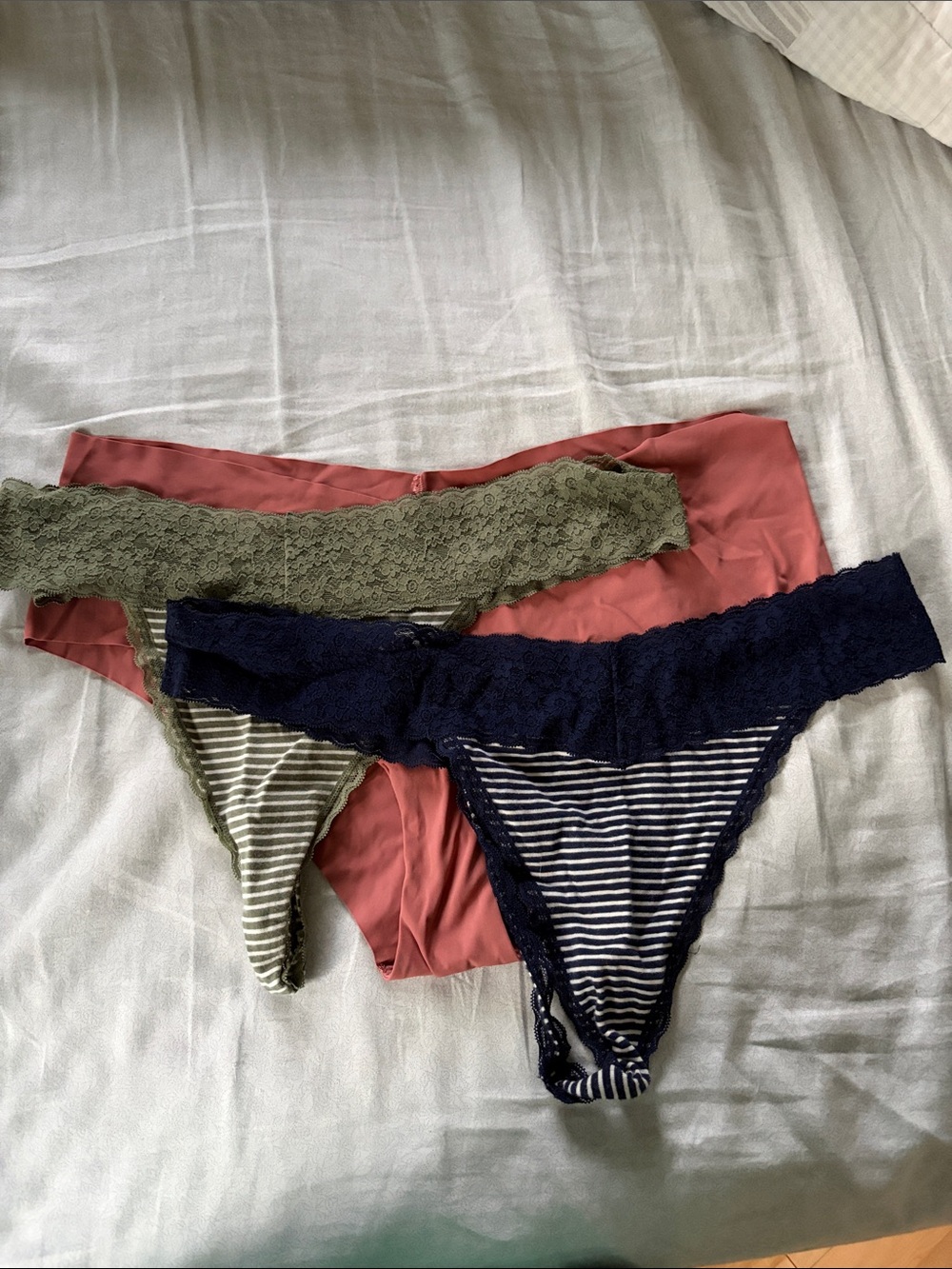 3-Pack Lace & Stripe Thong Set - Coral, Olive & Navy